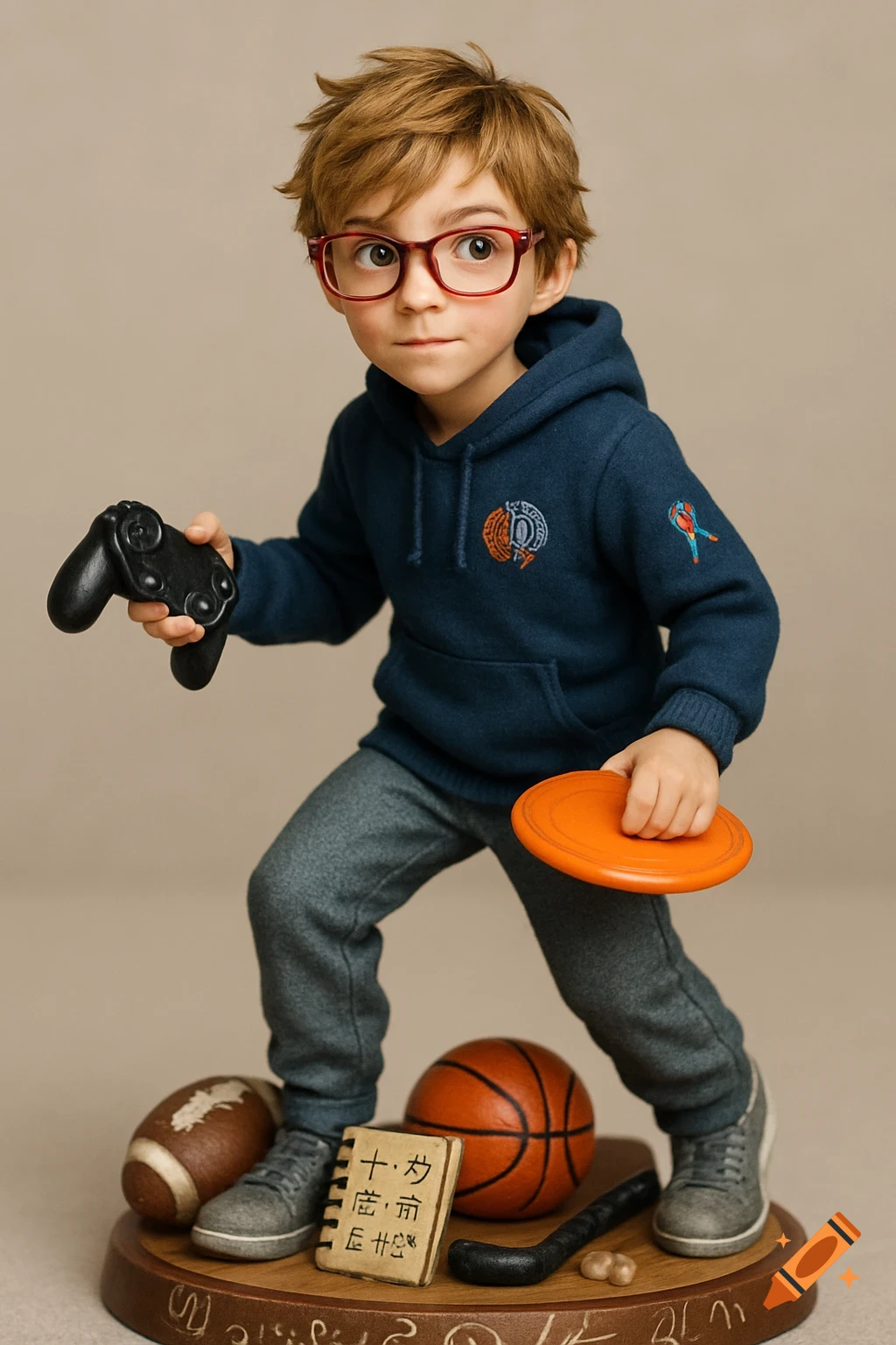 A detailed action figure of a young boy with messy blonde hair and red glasses, holding a video game controller and a frisbee.