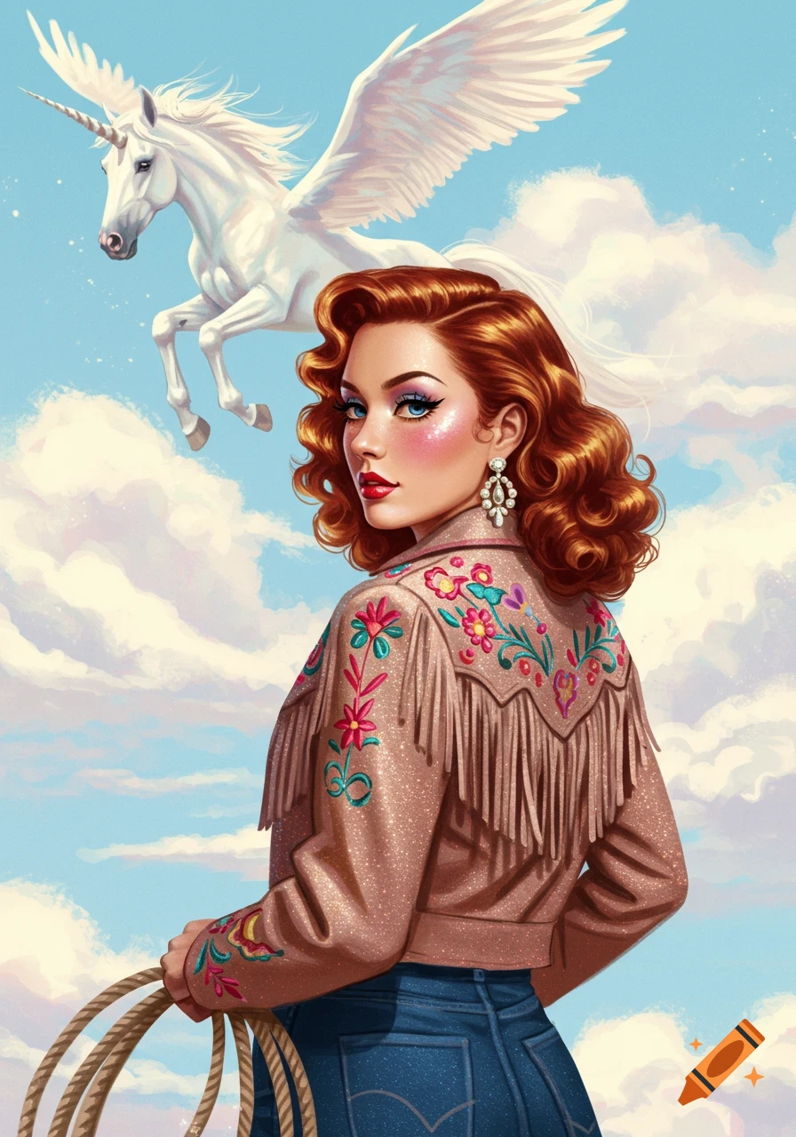 Retro cowgirl in embroidered jacket with lasso looks back at flying unicorn in cloudy sky.
