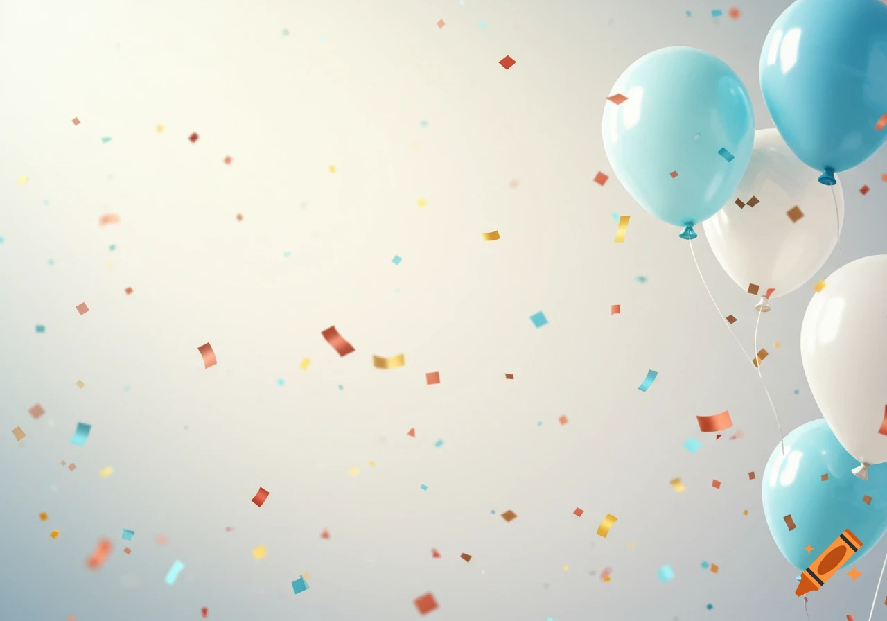 Blue and white balloons float against a bright background with colorful confetti falling, creating a cheerful scene.
