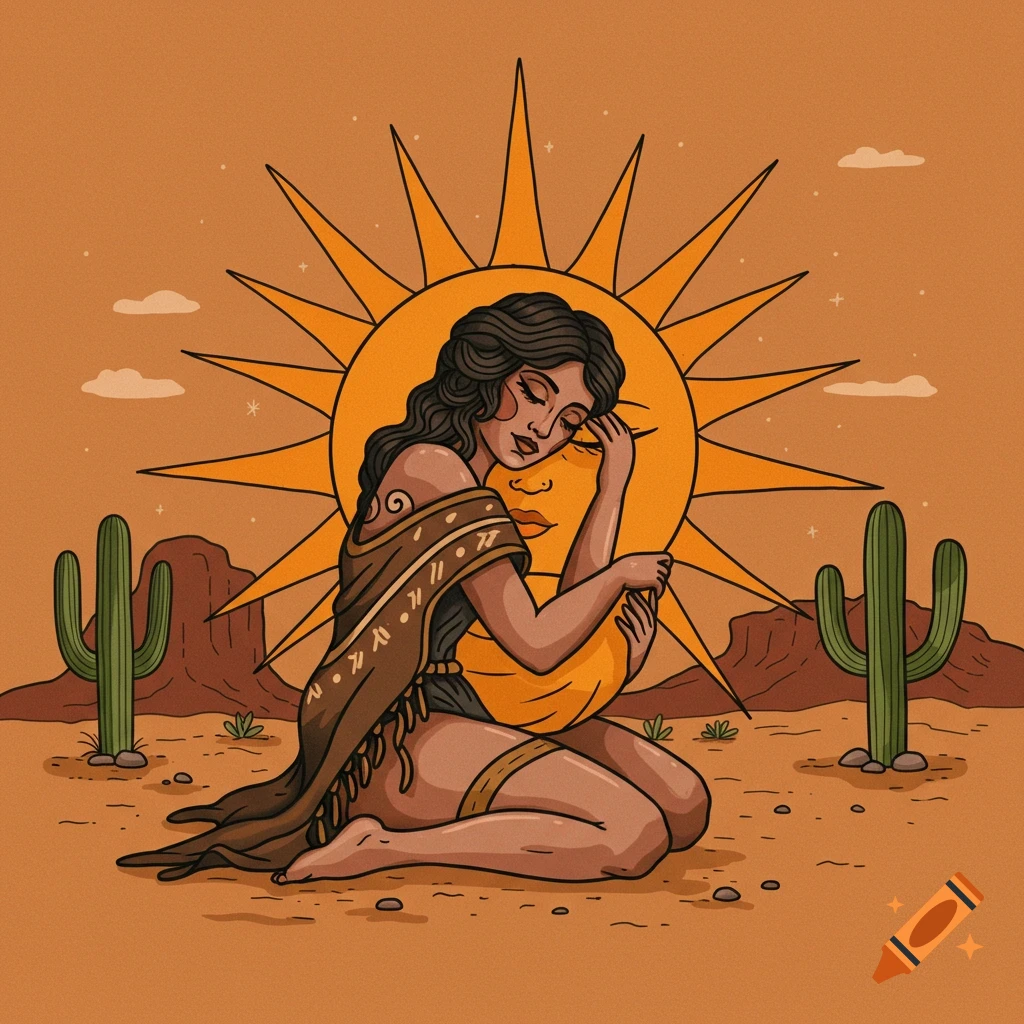 Stylized illustration of a woman embracing a sun in a desert landscape with cactuses and mountains.