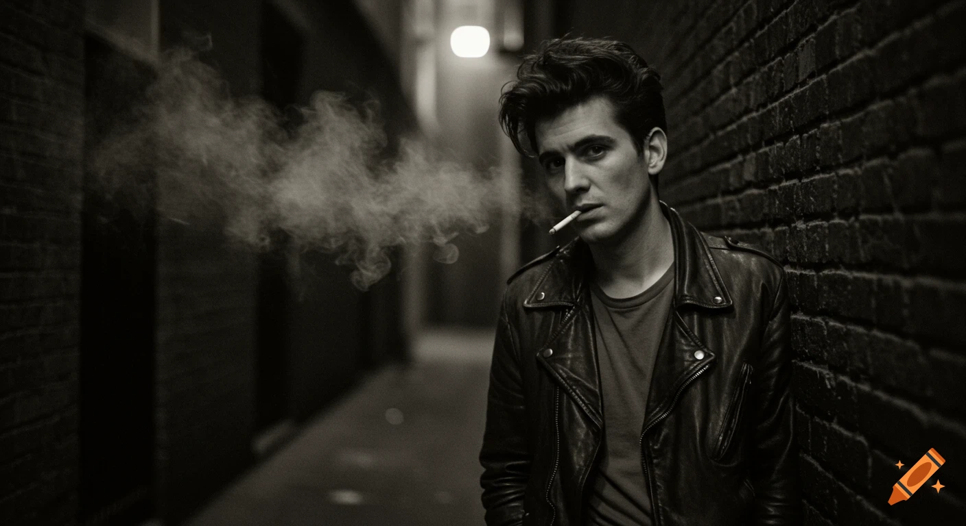 A man in a leather jacket smokes a cigarette in a dark, black and white alleyway, in a classic film style.