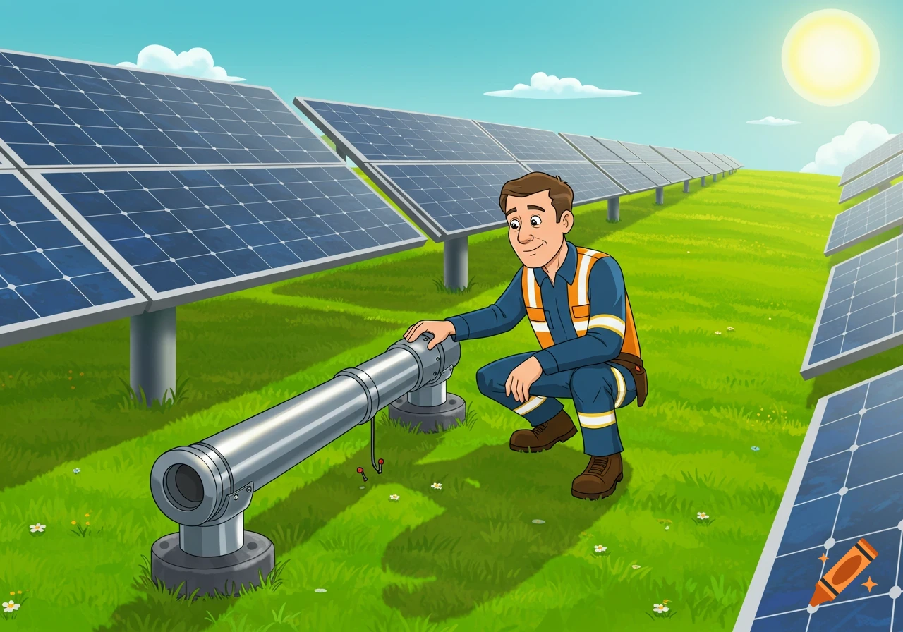 Cartoon worker examining equipment on a solar farm with rows of solar panels.