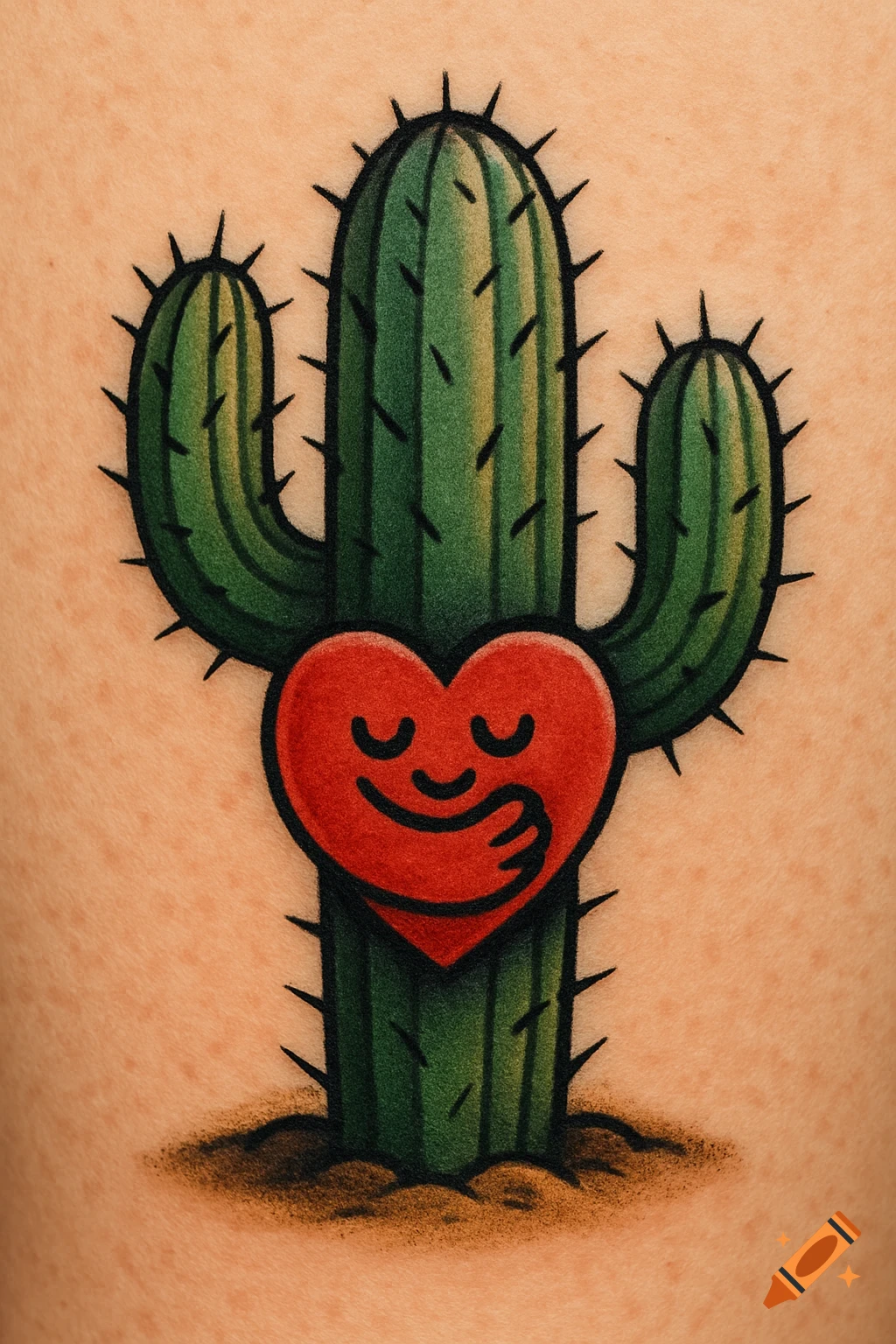 Tattoo of a cactus hugging a heart on skin