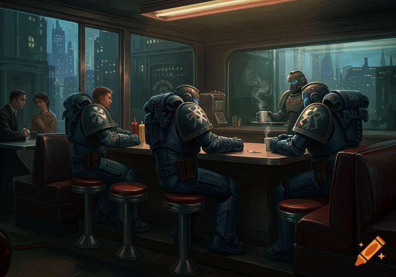 A dark, moody painting showing armored space marines and a human man in a diner at night.