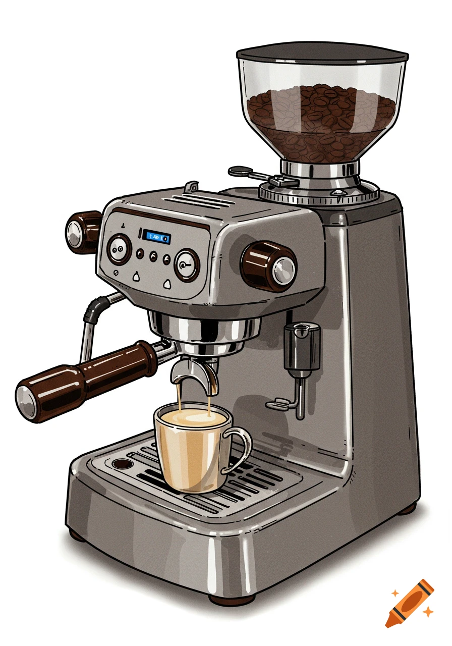 An illustrated coffee machine with an integrated grinder pours coffee into a small cup.