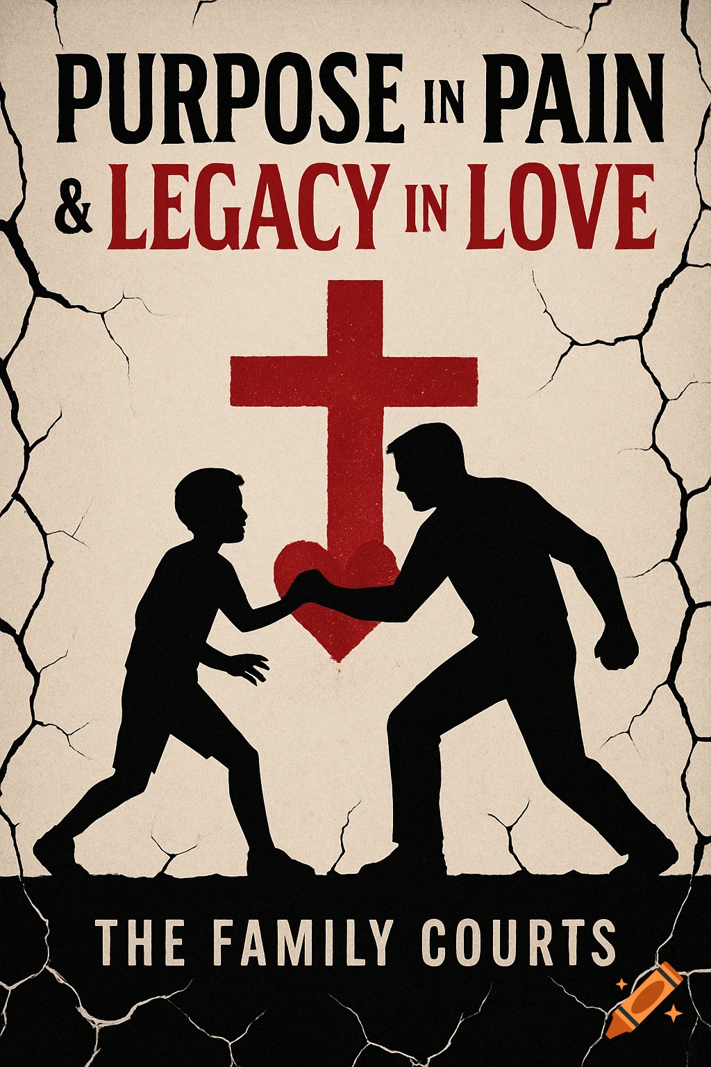A father and son silhouette reaching towards a red heart in front of a red cross on a cracked background. Text reads "PURPOSE IN PAIN & LEGACY IN LOVE" and "THE FAMILY COURTS."