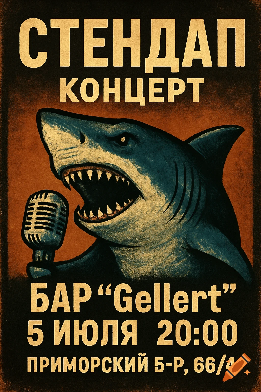 A vintage-style poster advertising a stand-up concert, featuring a shark holding a microphone. Event details in Russian.