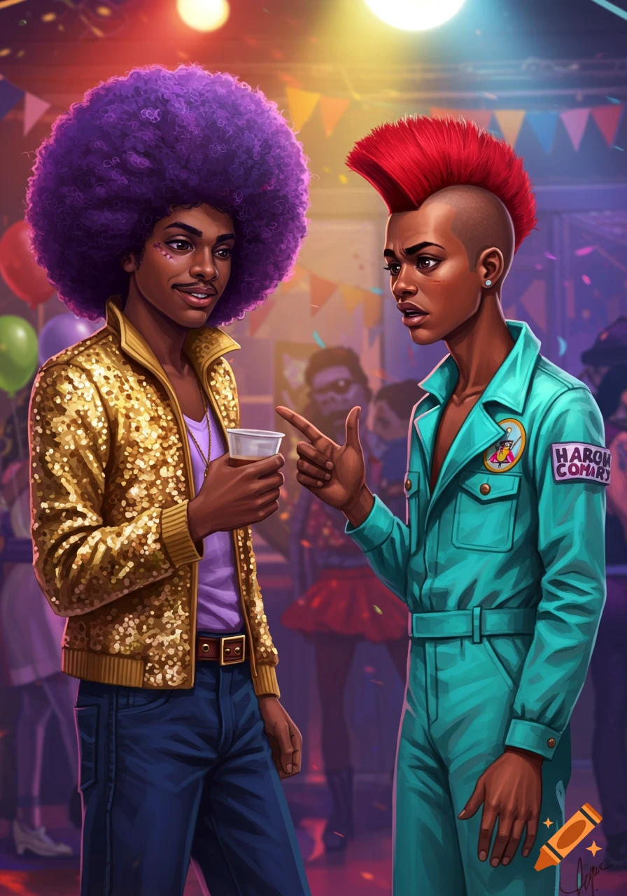 Illustration of two young men in costumes at a party; one with a purple afro, the other with a red mohawk.