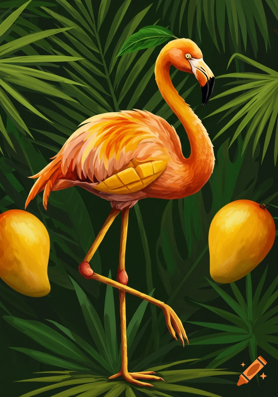 A stylized orange flamingo with a mango-patterned body and a leaf on its head stands amidst tropical leaves, flanked by two yellow mangoes.