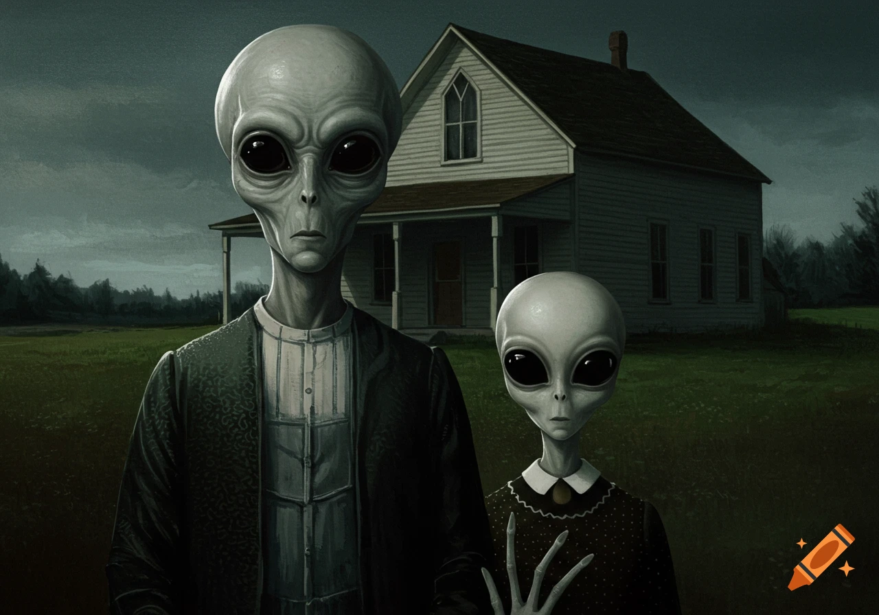 Painting of two grey aliens in front of a farmhouse, styled like American Gothic.