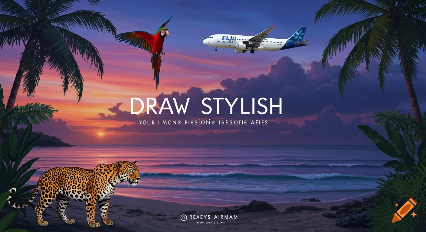 A stylized banner of a tropical beach at sunset with palm trees. A leopard stands on the sand, a macaw flies overhead, and a Fiji Airways airplane is in the sky.