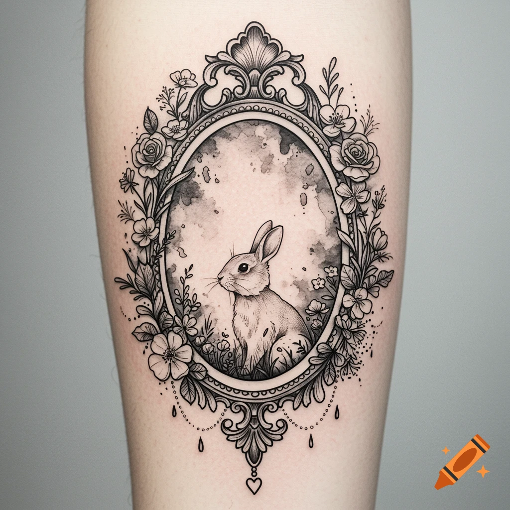 Black and white tattoo design of a rabbit in an ornate oval frame decorated with flowers.