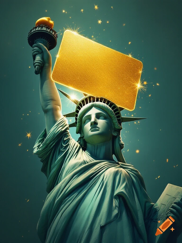 Statue of Liberty holding a large, glowing gold card overhead against a dark, starry sky.