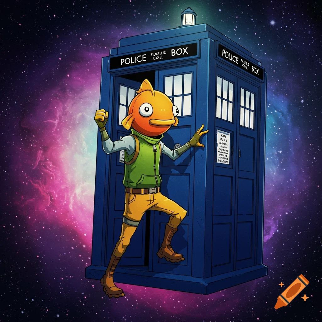 Cartoon Fishstick character from Fortnite stepping out of a blue TARDIS in space, surrounded by a colorful nebula.