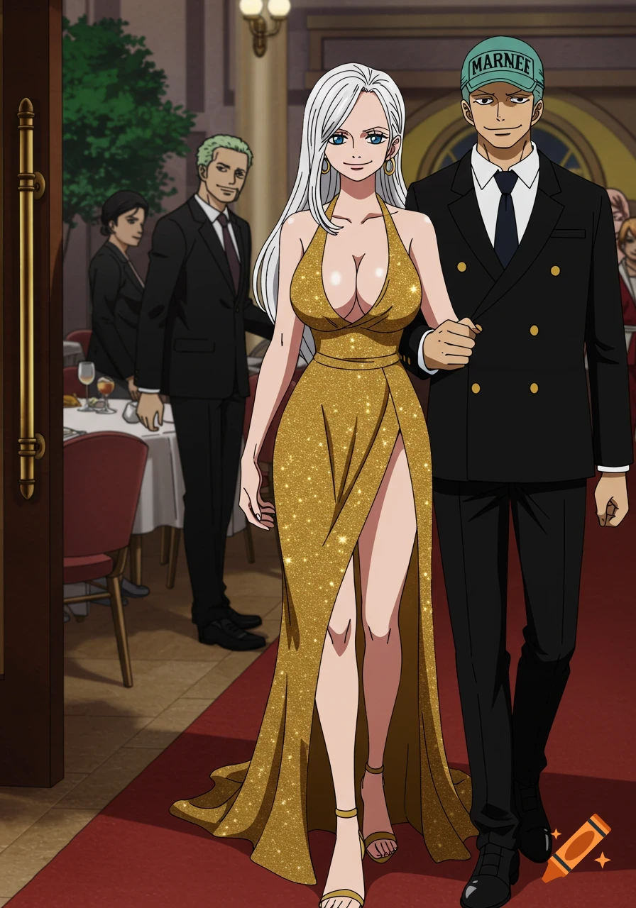 An anime woman with long white hair and blue eyes in a sparkling gold dress with a high slit is escorted by a man in a black suit and green cap into a fancy restaurant.