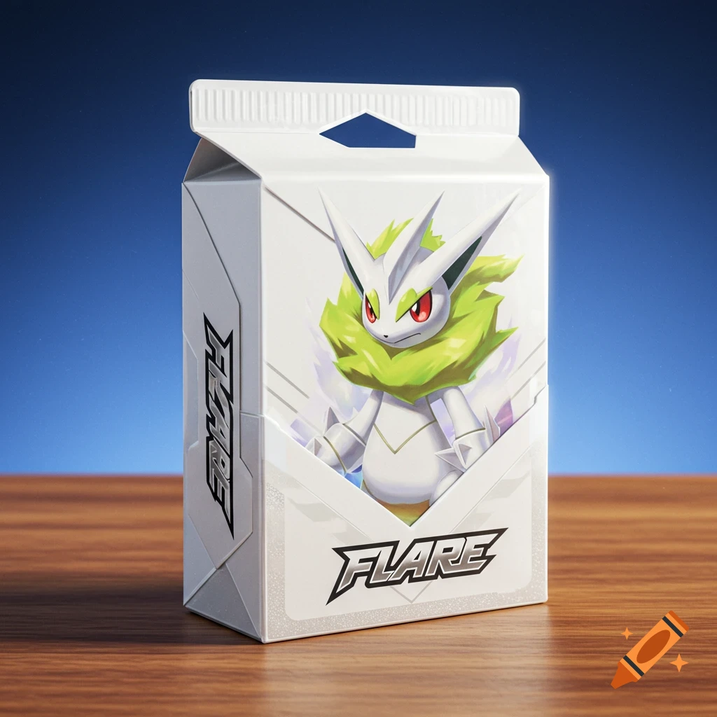 A white product box featuring a stylized white and green creature with red eyes, labeled "FLARE", on a wooden table.