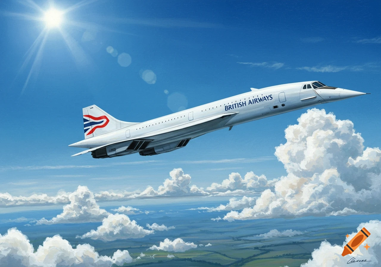A British Airways Concorde airplane soars through a bright blue sky with fluffy white clouds and green land below, depicted in a detailed illustration.