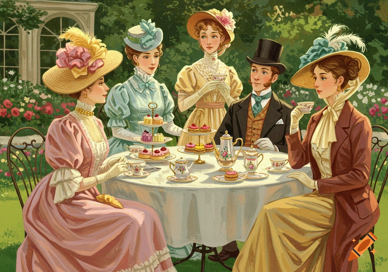 Illustration of people in Victorian clothing having tea in a garden