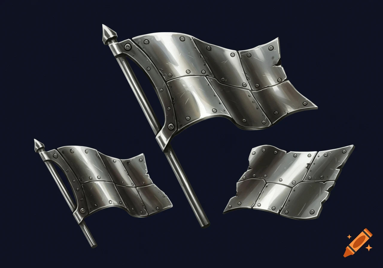 Three metallic flags against a dark blue background