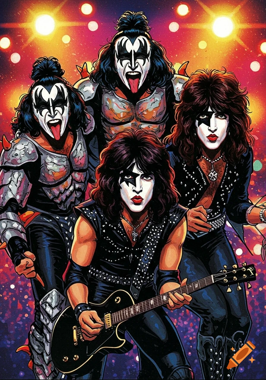A vibrant illustration of the rock band KISS, in full makeup and costumes, on a stage with bright lights.