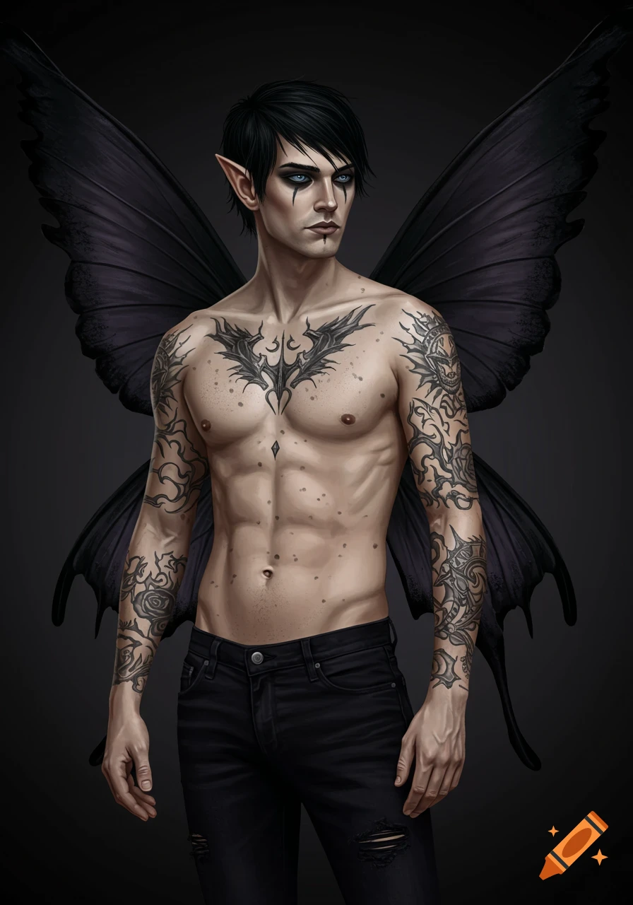 Male fantasy character with dark wings, tattoos, and makeup