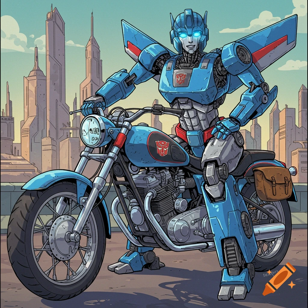 A blue female Transformer robot sits on a blue motorcycle with a city skyline behind her, in a comic book art style.