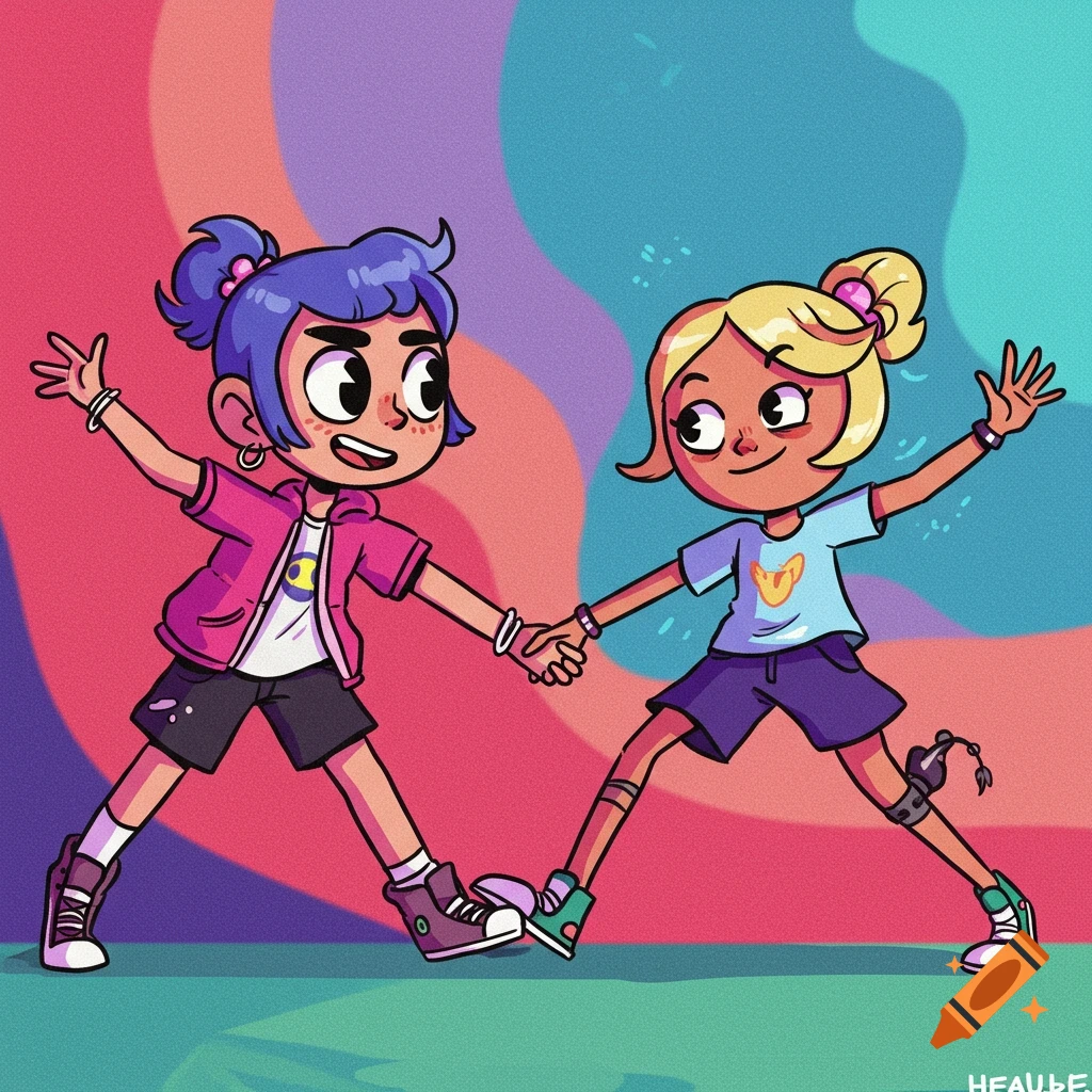 Two animated girls holding hands against a colorful background.