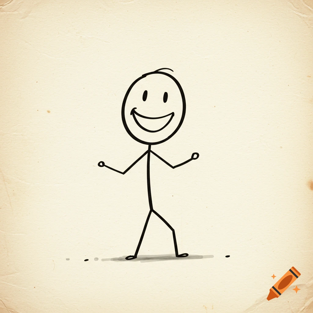 A smiling stickman drawn in black ink on a textured, light beige paper background.