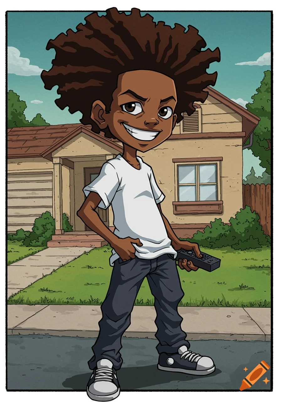 A smiling Black cartoon boy with an afro, wearing a white t-shirt and dark pants, holding a remote, standing in front of a house.