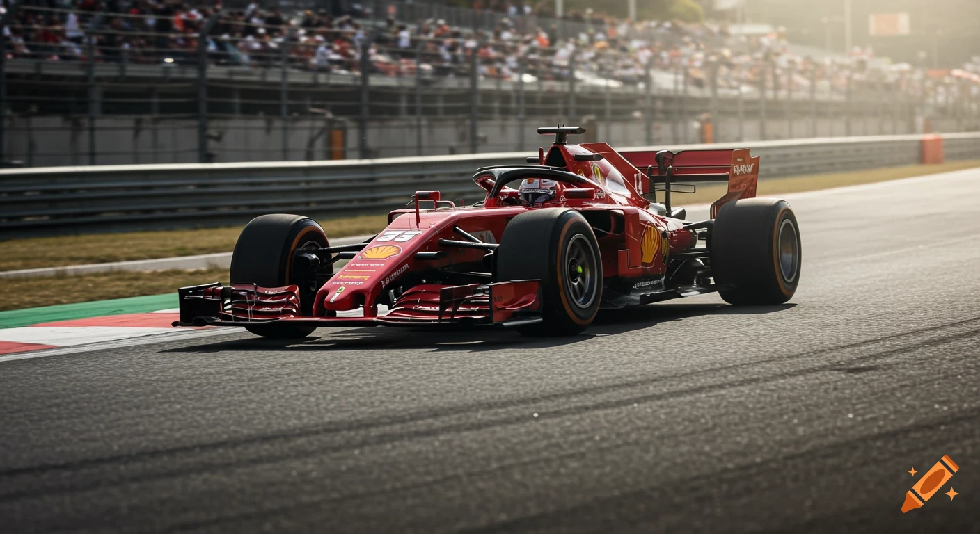 A red Ferrari Formula 1 car races on a track with blurred spectators in the background, under bright sunlight.