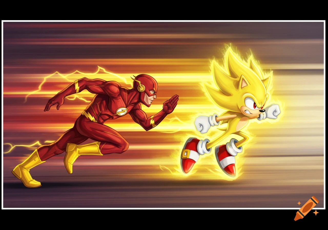 The Flash and Super Sonic racing in a dynamic, cartoon style with speed effects.