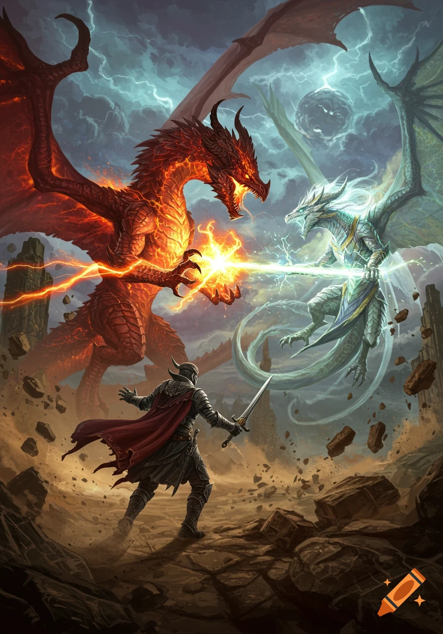 A knight with a sword faces a fiery red dragon and a glowing white dragon amidst lightning and debris in an epic fantasy battle.