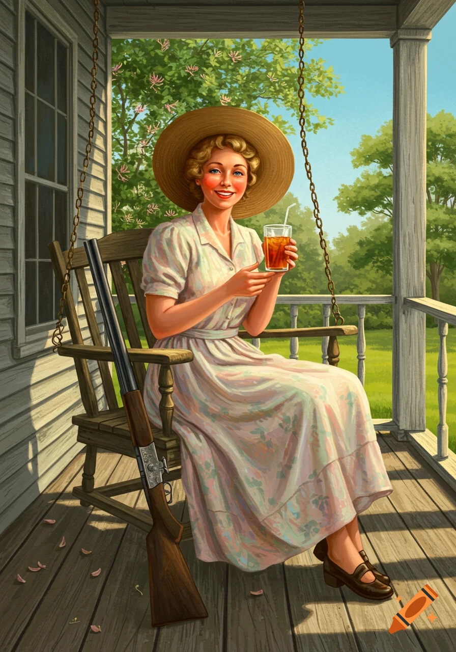 A smiling woman in a straw hat and long dress sits on a porch swing, holding a glass of iced tea, with a shotgun leaning beside her. Illustration.