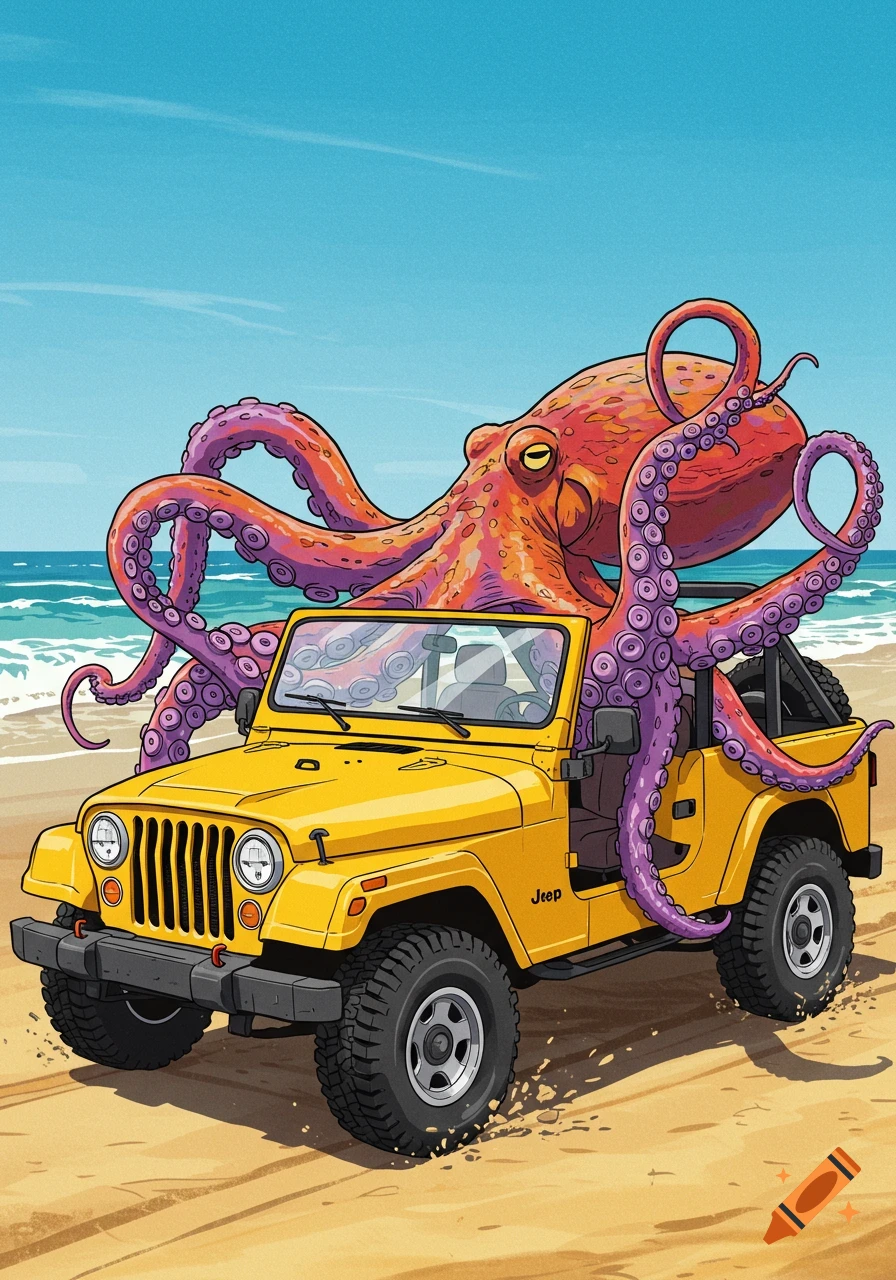 Cartoon illustration of a giant octopus sitting on a yellow Jeep on a beach.