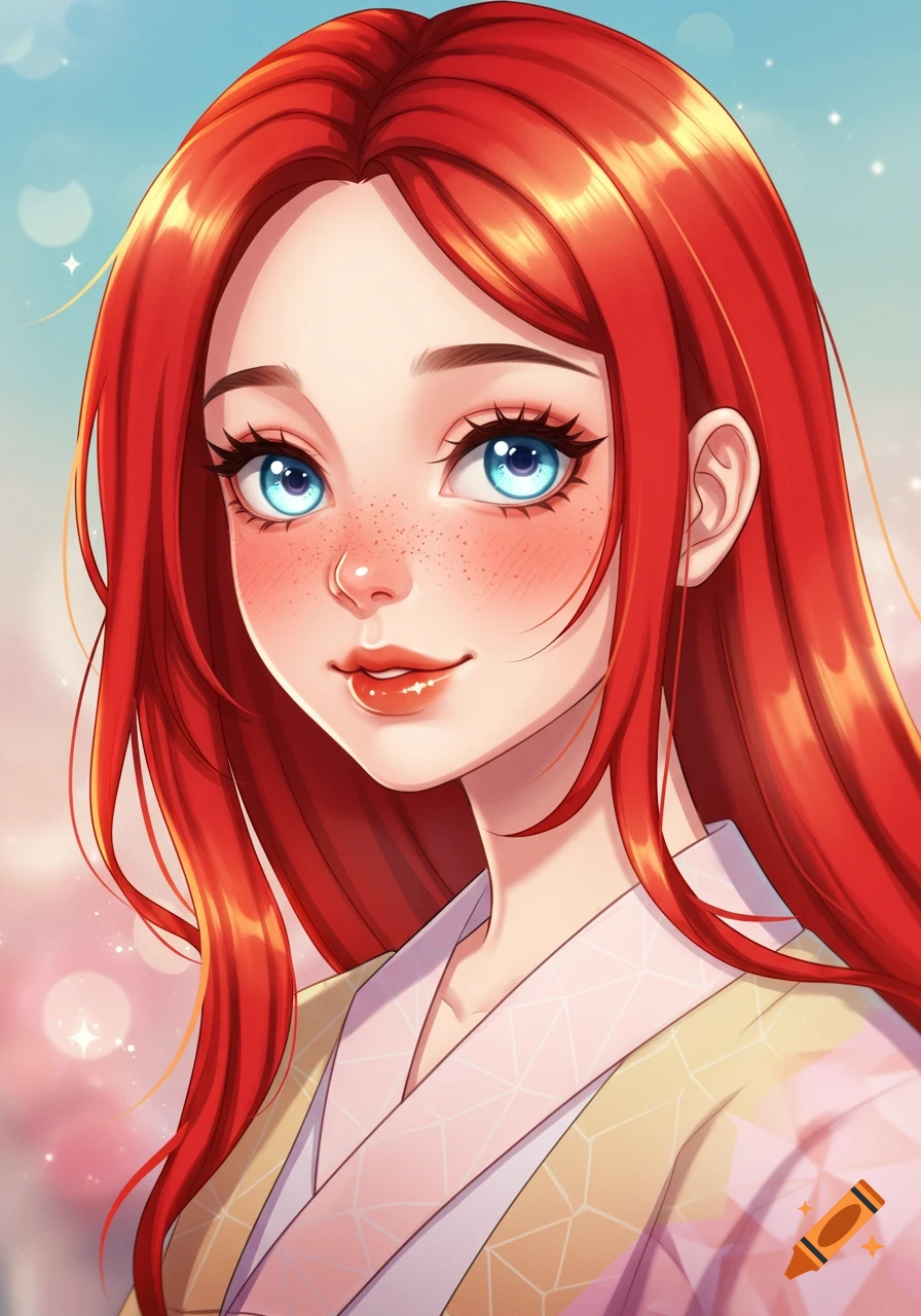 Anime portrait of a redhead girl with blue eyes and freckles wearing a kimono.