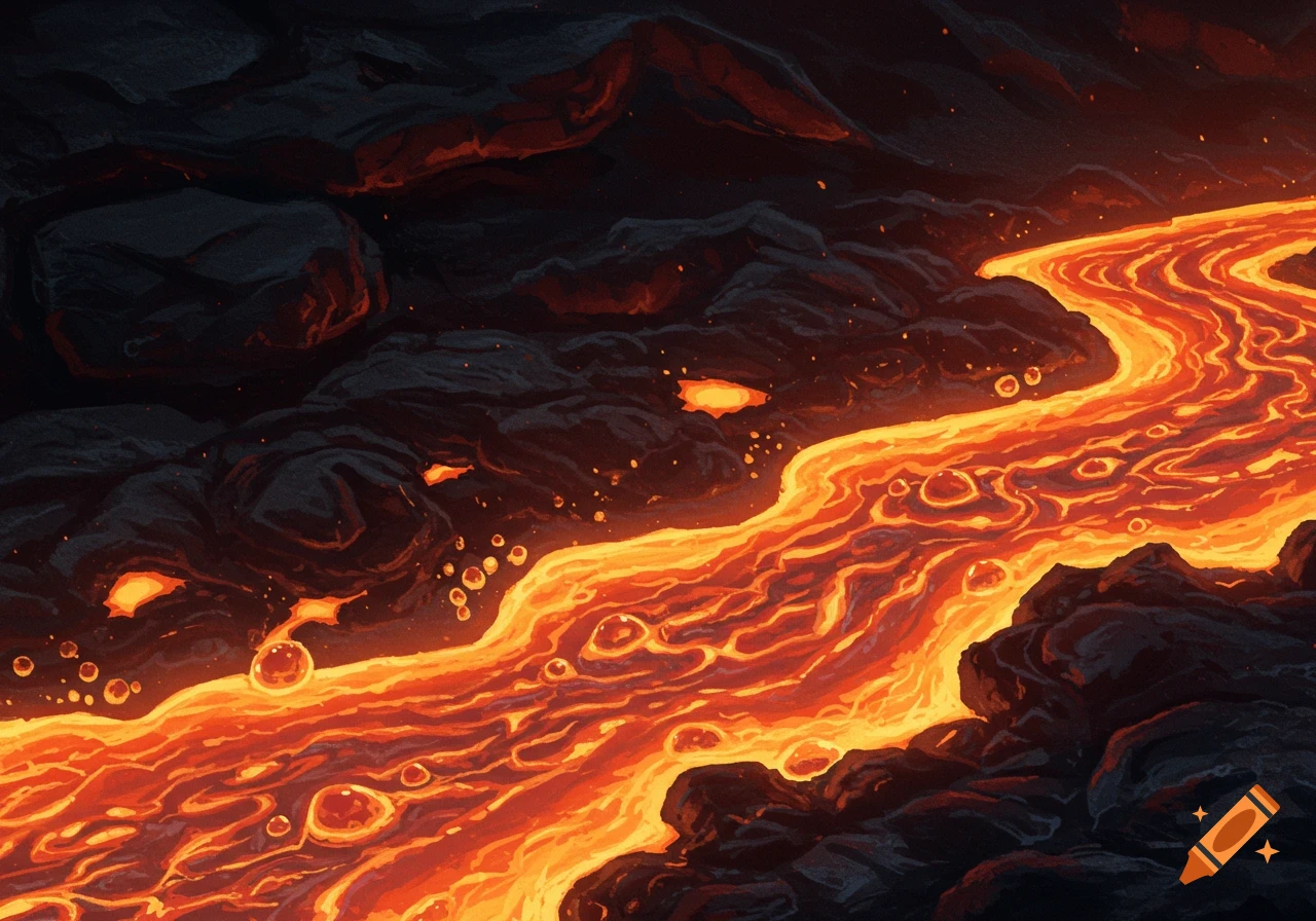 A river of molten orange and yellow lava flowing through dark rock.