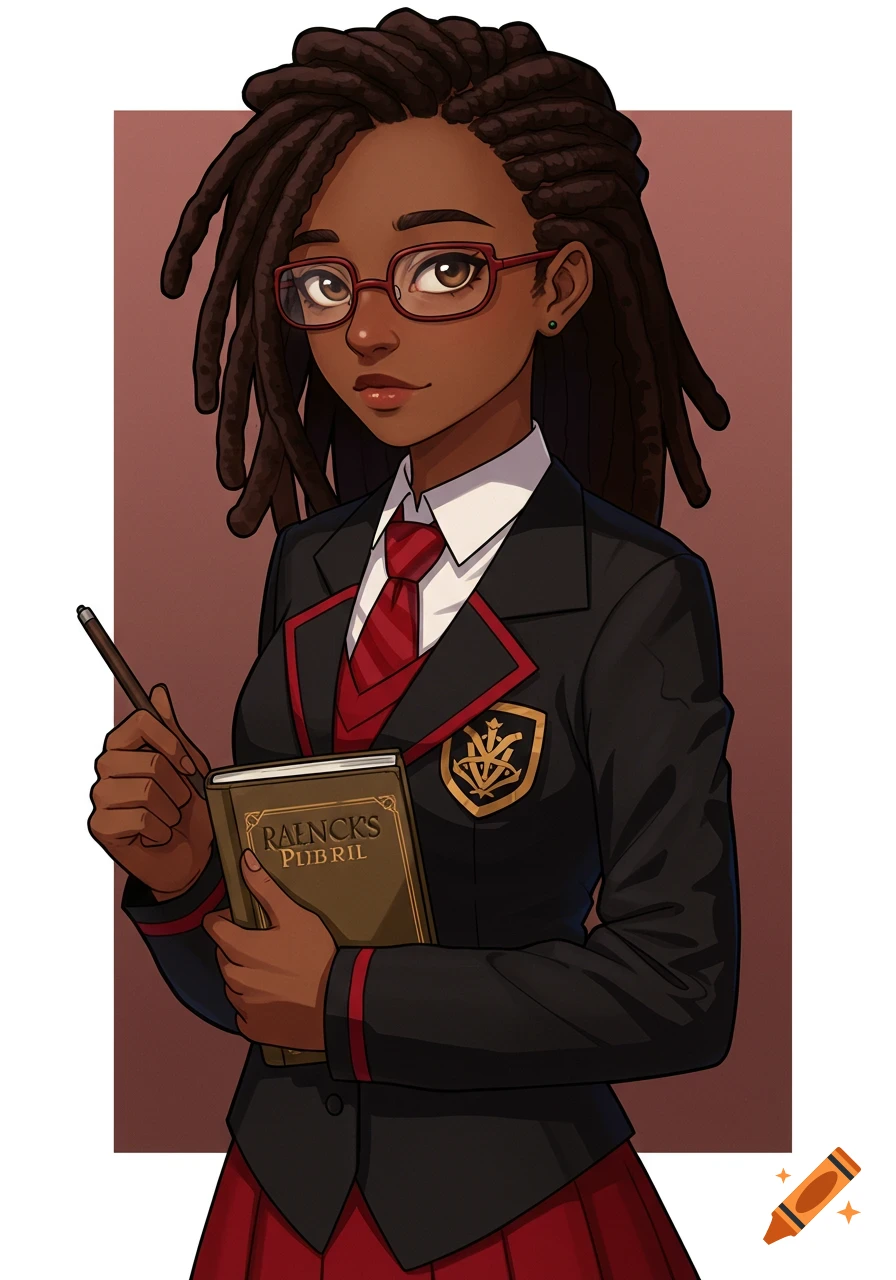 An anime-style portrait of a dark-skinned girl with dreadlocks and glasses, wearing a black and red school uniform, holding a book and pen.