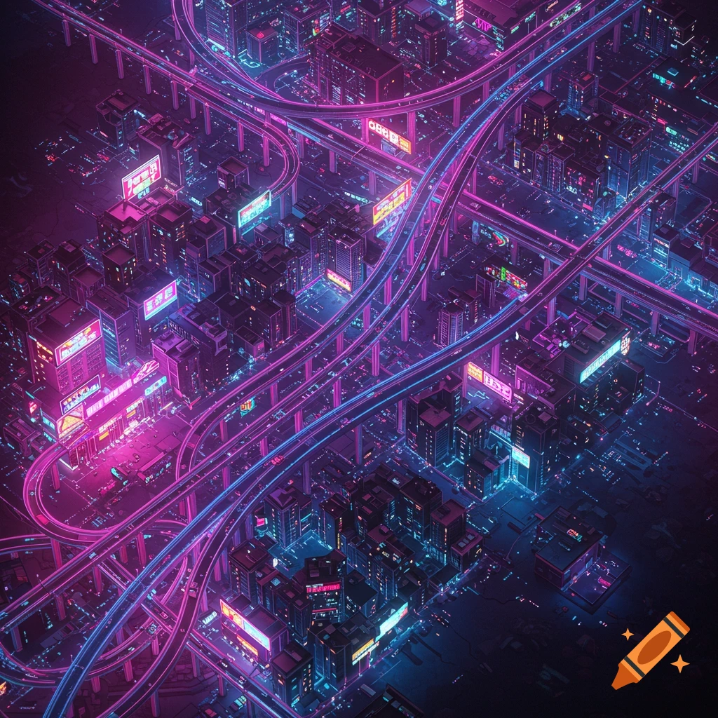Isometric top-down view of a neon-lit cyberpunk city with complex elevated highways, in a stylized aesthetic.