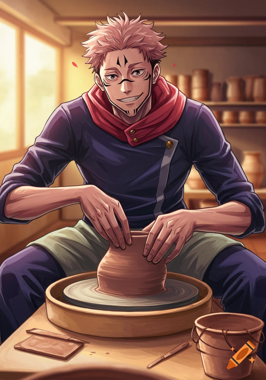 Anime man with pink hair and face marks doing pottery