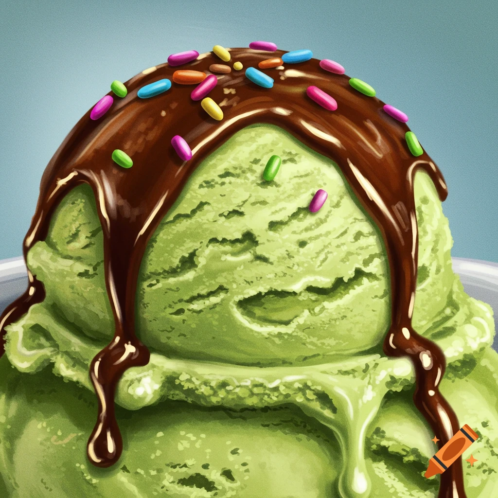 A close-up of a scoop of green ice cream topped with rich chocolate syrup and colorful sprinkles.