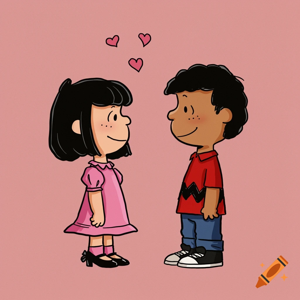 Cartoon drawing of a boy and girl in the Peanuts style looking at each other with hearts floating above them.