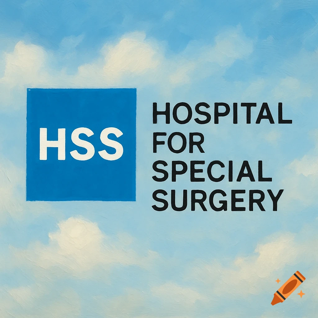 The HSS logo, a blue square with white 'HSS' text, next to 'HOSPITAL FOR SPECIAL SURGERY' text, against a painted blue sky with white clouds.