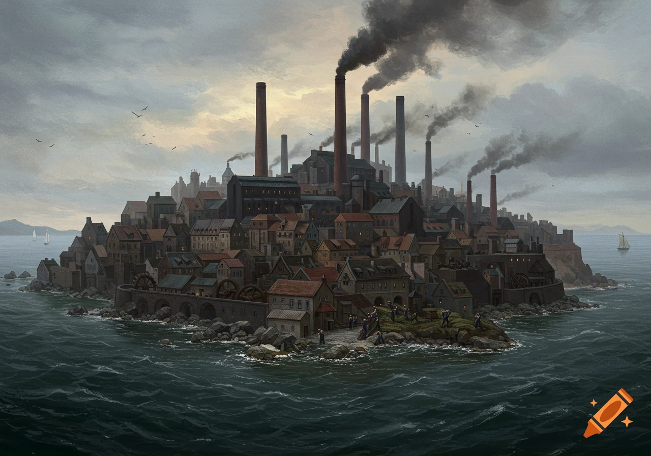 A dark, atmospheric painting of an industrial island city with smoking factory chimneys, surrounded by choppy water under a cloudy sky.