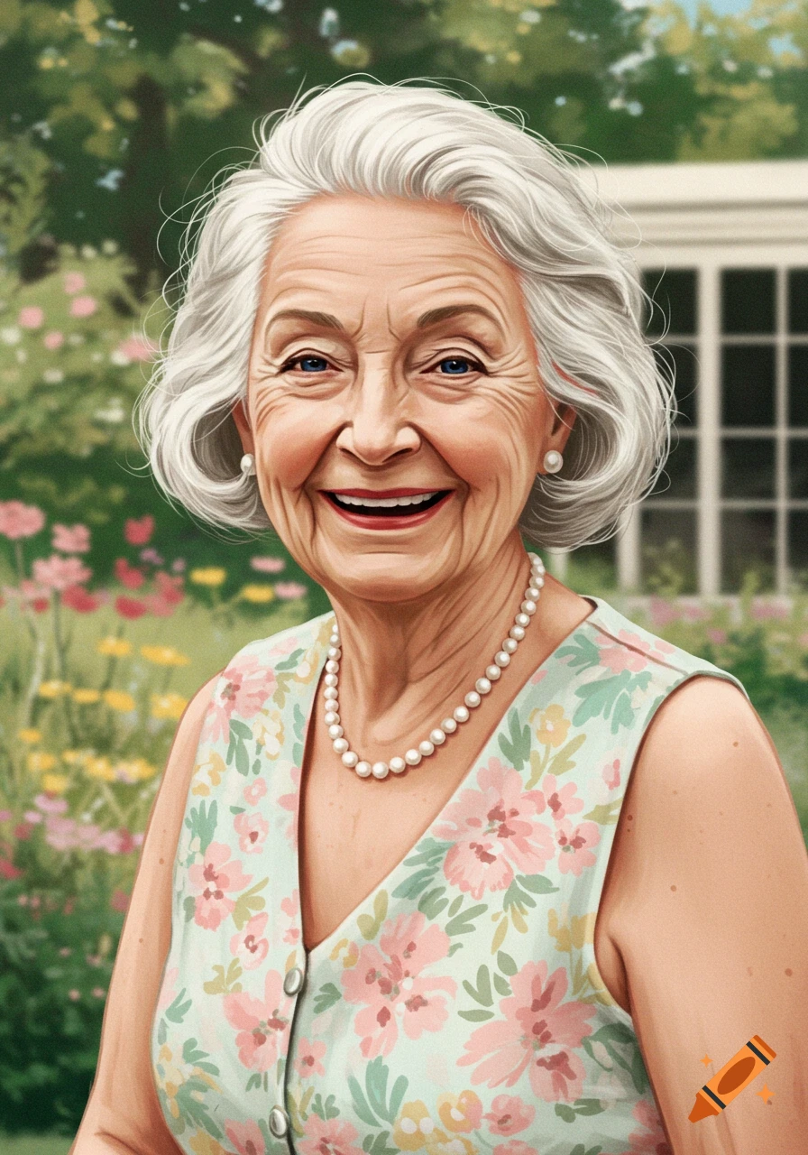Smiling elderly woman with white hair and pearl necklace, wearing a floral dress, standing in a garden, digital painting.