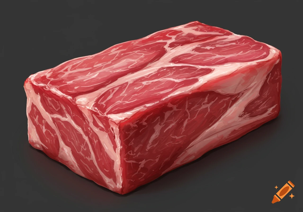 A rectangular block of raw red meat with white marbling rests on a dark background in a realistic digital painting style.