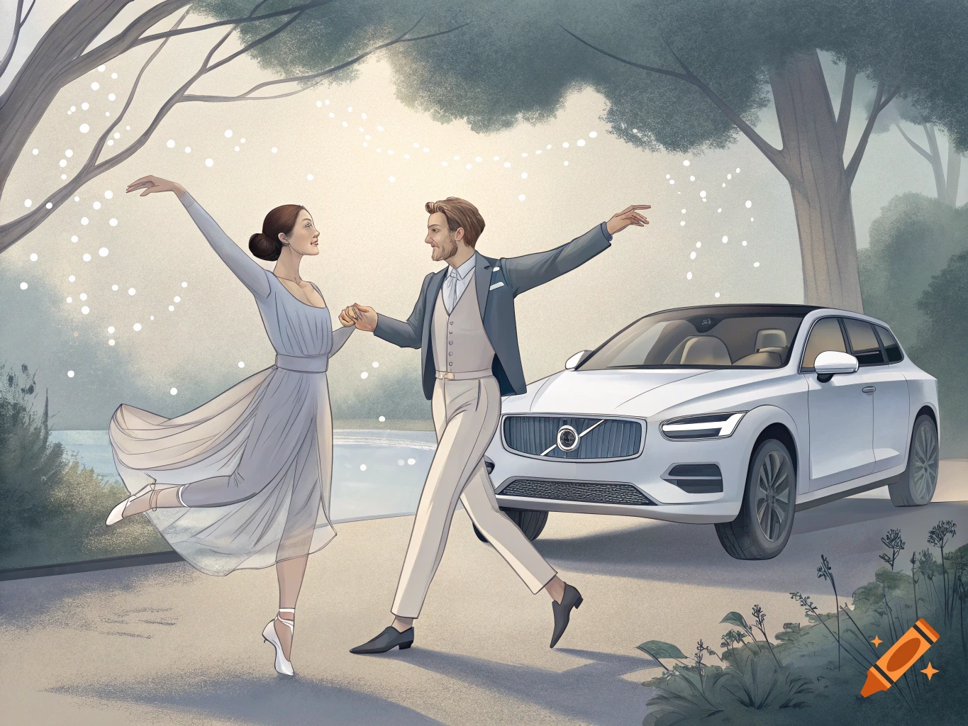 An illustrated couple in formal wear dances on a path next to a white Volvo wagon, with trees and a lake in the background.