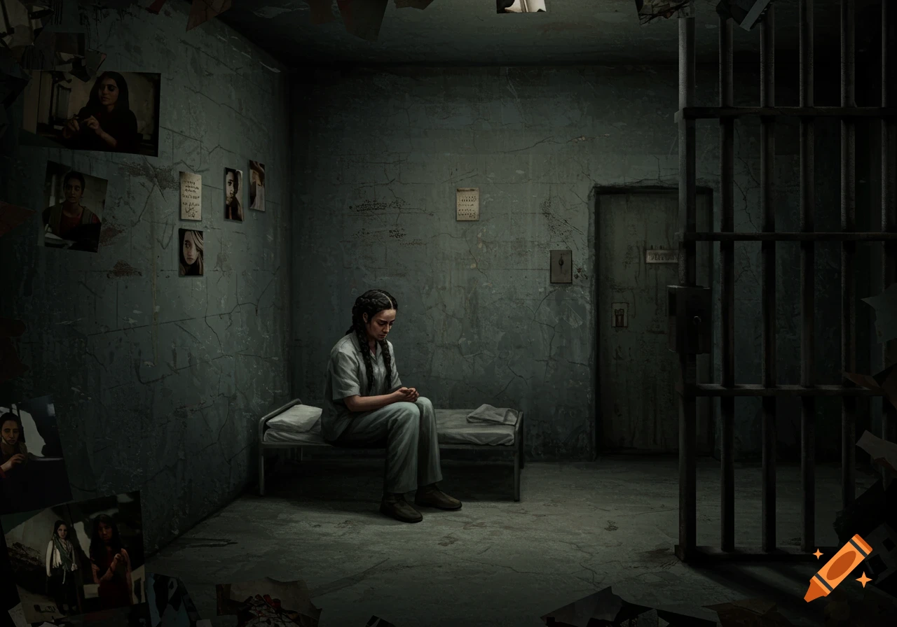 A woman with braided hair sits on a bed in a dark, desolate prison cell, surrounded by crumbling walls and papers.