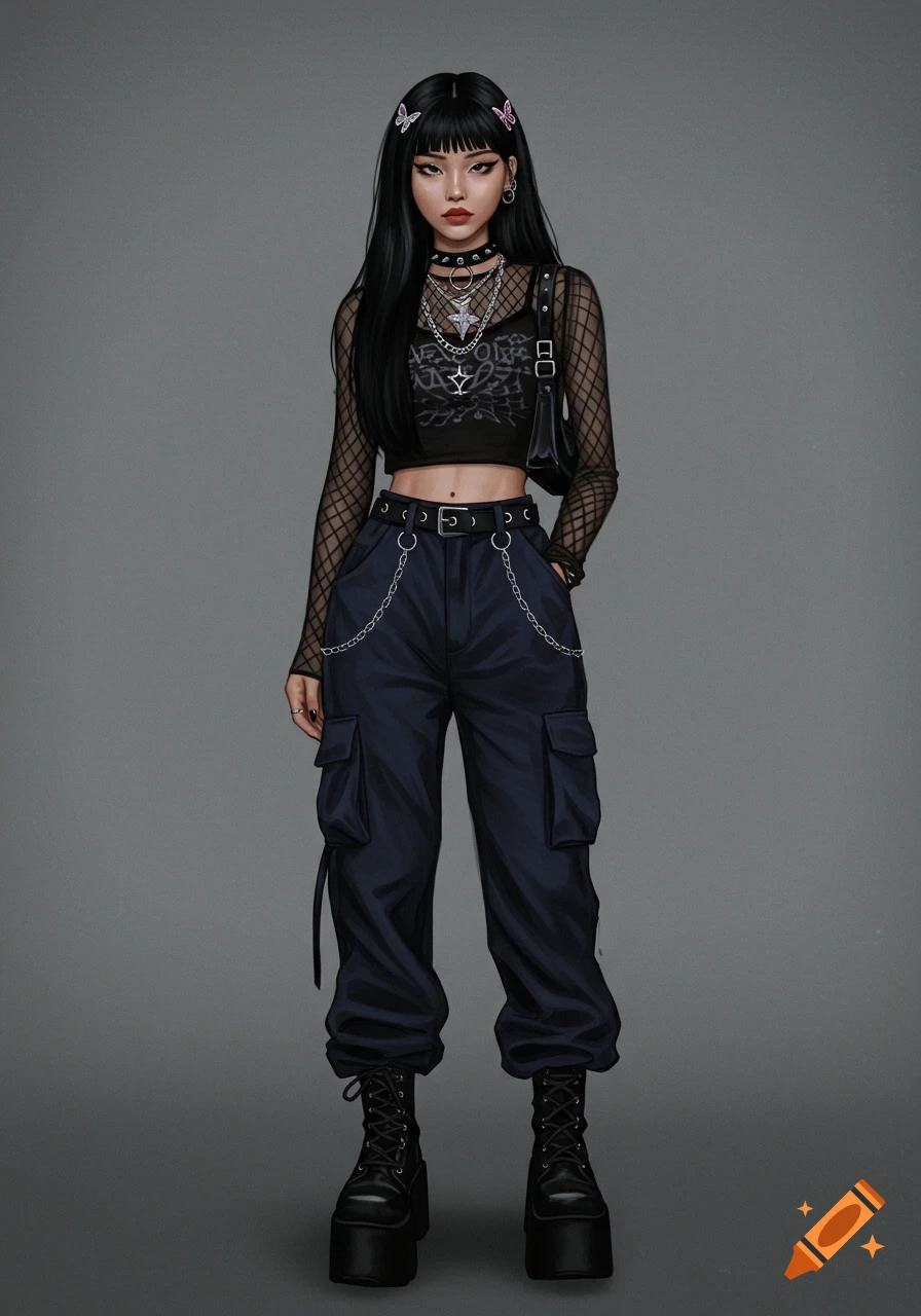 A full-body portrait of a woman in grunge Y2K fashion, wearing cargo pants, mesh top, and platform boots.