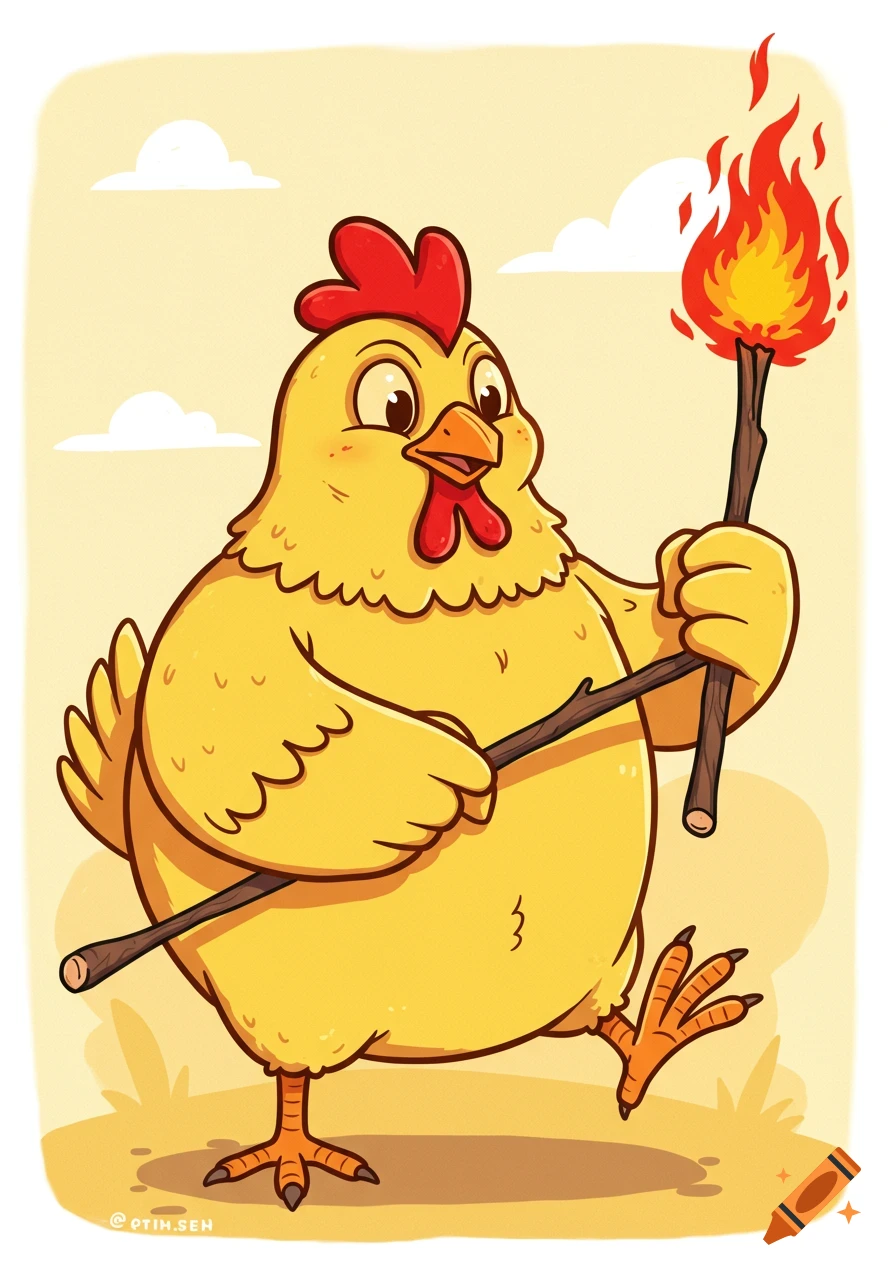 A cartoon chicken walks while holding a torch and another stick.