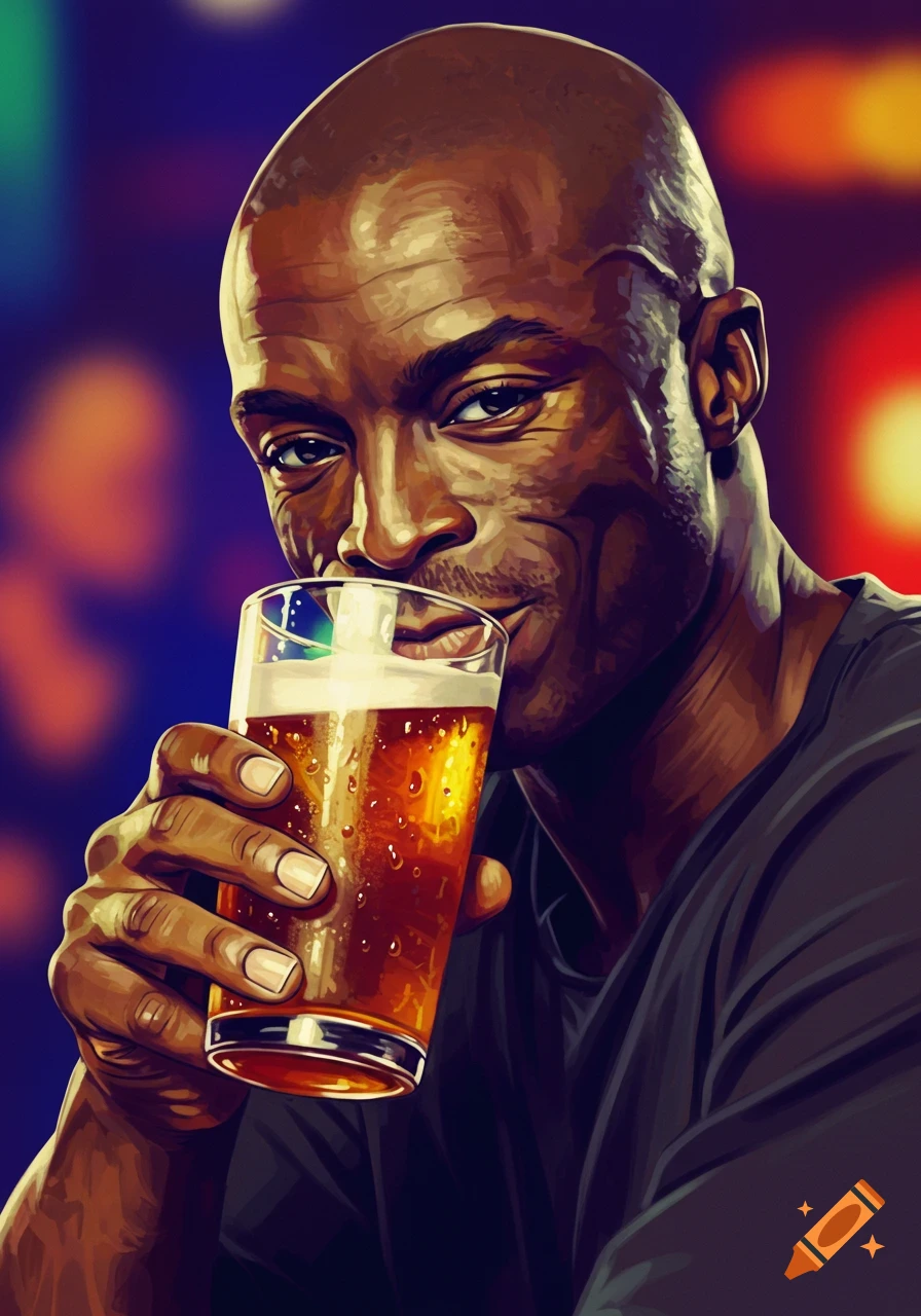 Close-up of a bald Black man, possibly Seal, holding a beer glass and looking at the viewer. Vibrant digital painting style with blurred, colorful background.